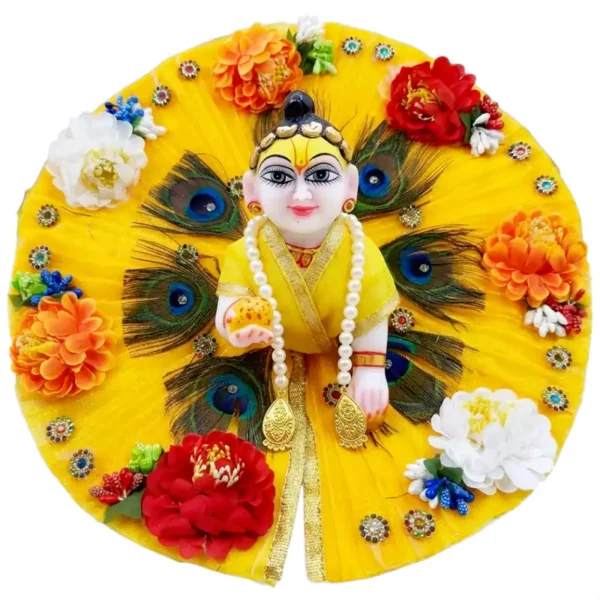 Premium 3-piece divine Laddu Gopal Janmashtami Dress featuring a beautiful aura of real peacock feathers and 3D floral appliques, available in 6 colors.